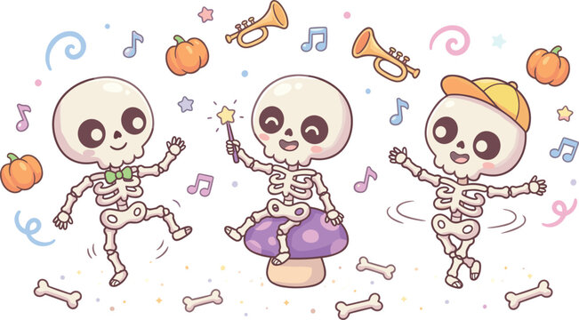 Adorable kawaii vector illustration of cute dancing skeletons with happy faces pumpkins and music notes perfect for halloween celebrations seasonal parties and spooky children themed designs.