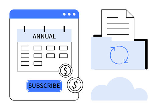 Subscription management, cloud services, file synchronization, online payments, recurring billing, digital plans. Annual calendar with subscribe button, file folder with sync icon and cloud