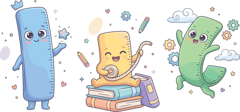 Adorable kawaii vector illustration of cute personified ruler characters with happy faces measuring tape and school books perfect for mathematics education learning and back to school themes.