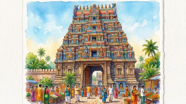 Vibrant watercolor painting of a bustling Indian temple entrance with devotees and market stalls under a bright sky