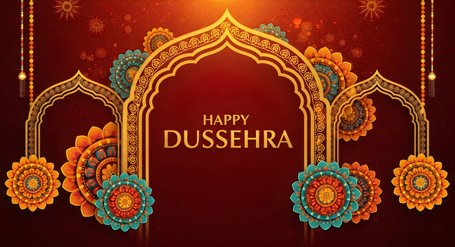 Happy dussehra greeting card design with traditional decorative golden arch and colorful flower rangoli patterns