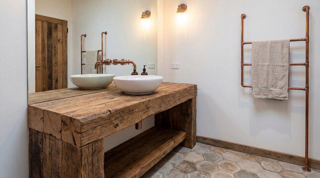 Rustic wooden vanity and copper fixtures