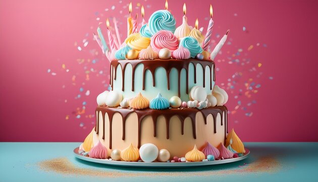 bright birthday celebration card concept beautiful tall layered cake with icing sweets meringues on bright background with chocolate dripping icing
