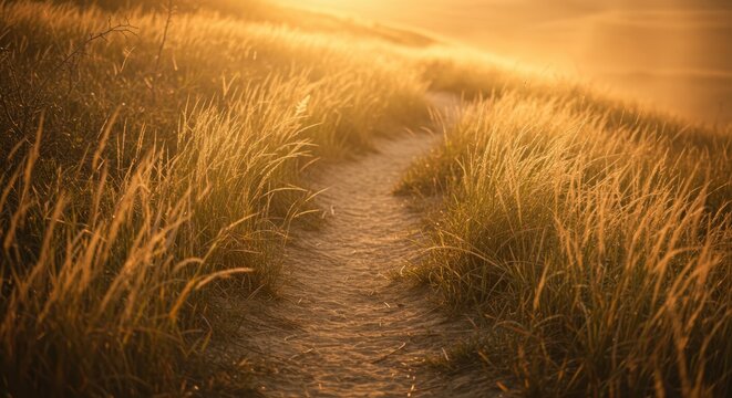 Narrow dirt pathway winds through tall grasses illuminated by golden sunlight