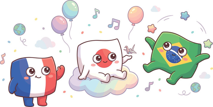 Cute cartoon vector illustration featuring adorable personified flags of France Japan and Brazil with balloons musical notes and stars celebrating global unity friendship peace and cultural diversity.