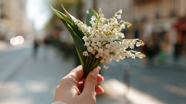 Main tenant d&eacute;licatement un bouquet de muguet aux clochettes blanches