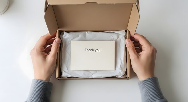 Hands holding open cardboard box with white tissue paper and thank you note.