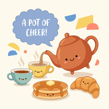 A delightful illustration featuring a smiling teapot pouring tea alongside cups and breakfast items, conveying a sense of cheerfulness and warmth, perfect for morning routines.