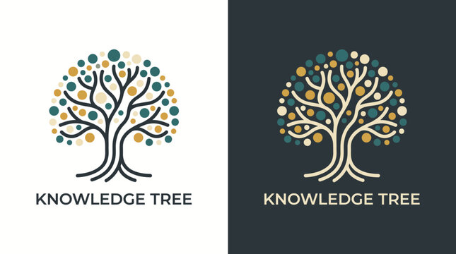 An elegant depiction of a knowledge tree with intricate branches and colorful dots representing knowledge and wisdom, symbolizing growth and enlightenment in a modern style.