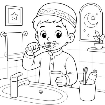 Cute Muslim Boy Brushing Teeth in Bathroom - Islamic Personal Hygiene Coloring Page for Kids