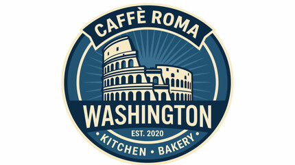 Obraz premium A logo for Caffè Roma, featuring a stylized Colosseum, representing a blend of Italian culture, culinary artistry, and warm hospitality in a contemporary design.