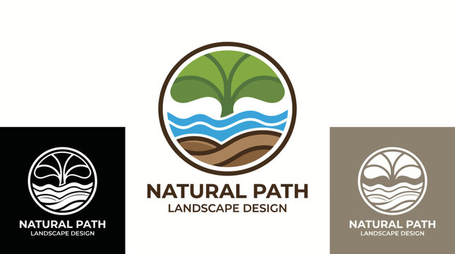 An elegant logo design for Natural Path, featuring a tree and water elements, symbolizing sustainability and creativity in landscape design and environmental stewardship.