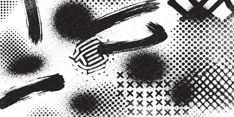 Abstract black and white grunge graphic elements with spray paint strokes and halftone dot patterns street art elements halftone abstract background distressed creative artistic seamless © HexaFrame