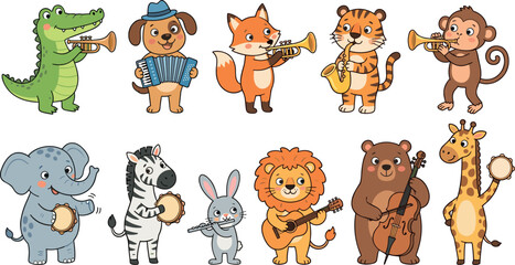 Cute cartoon animal marching band vector set featuring various wildlife characters playing musical instruments like trumpet guitar and drums isolated on white background for nursery designs. © Sariful