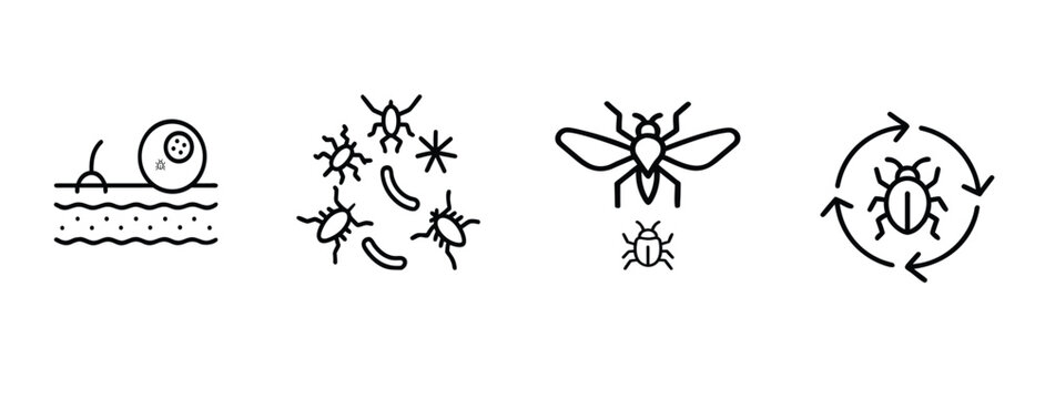 Insects and parasites line icons set skin parasite infection bacterial colony group flying housefly pest bug life cycle microscopic biological germ & more with editable stroke.