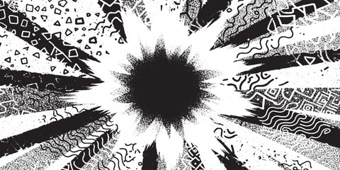 Black grunge explosion starburst effect with radiating distressed lines and patterns abstract urban graphic background element street art explosion starburst distressed abstract background © HexaFrame