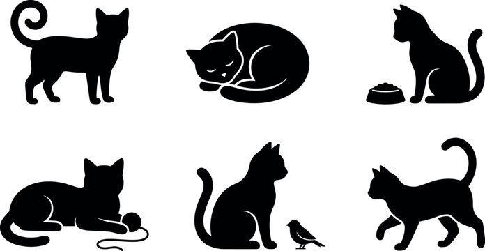 Set of black cat silhouettes in different poses including sleeping playing with yarn and sitting with a bird isolated on white background for minimalist feline pet designs.