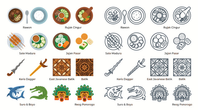East Java culture and cuisine vector icon set featuring rawon, rujak cingur, satay, batik motifs, keris, traditional snacks and cultural symbols in clean flat and outline style.