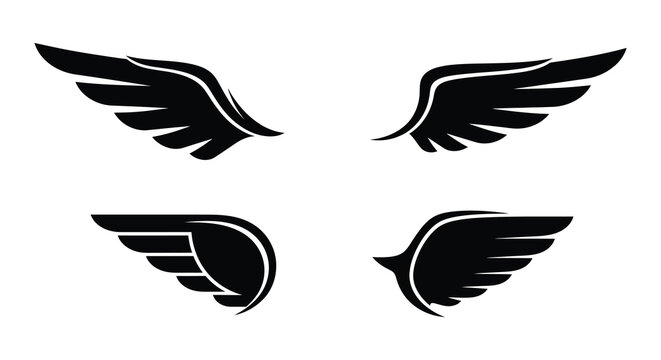 Four black wing designs presented on a white background silhouette