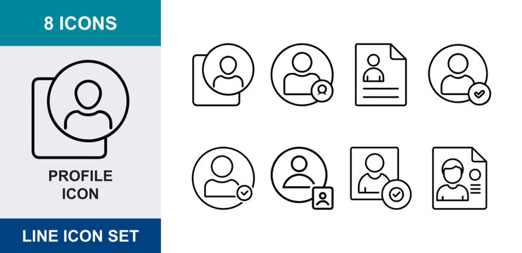 8 User profile linear icons account avatar, member login, resume document, verified person, UI and web interface design