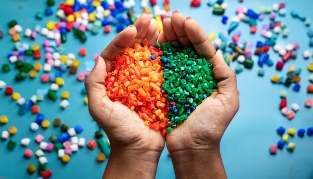 hands holding multicolored plastic polymer pellets for plastic parts production