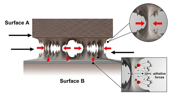 Detailed illustration of adhesive forces between two surfaces, surface a and surface b, with molecular interaction