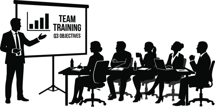 Business team training silhouette, professional corporate presentation with speaker and audience, office workshop for Q3 objectives and growth