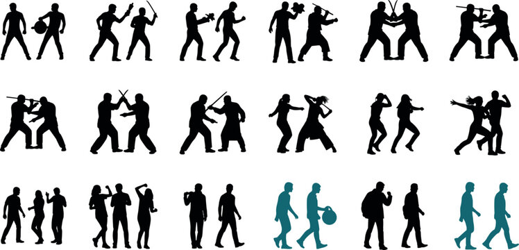 People silhouette collection set with fighting arguing walking and daily activity poses isolated vector illustration human behavior design bundle