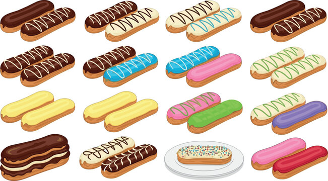 Colorful eclair pastry collection set with various glazed desserts and cream filled bakery sweets isolated vector illustration design