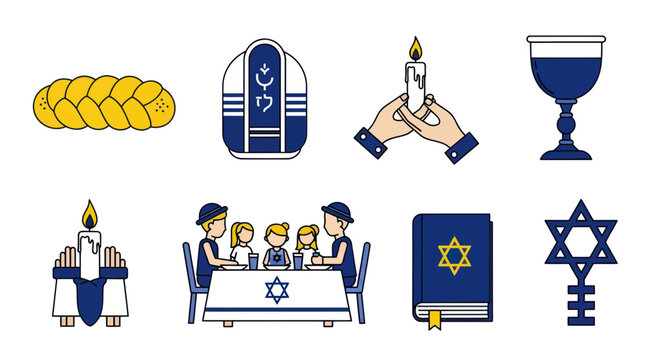 Jewish Holiday Symbols: Challah, Kiddush Cup, Menorah, Family Dinner, Torah