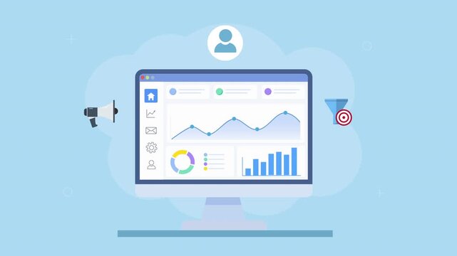Looping flat animation of a cloud analytics dashboard with charts, user profile and targeting icons, representing audience analysis, engagement, and performance tracking.