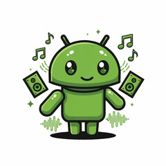 Obraz premium Cute Android Robot Character Enjoying Music with Speakers.