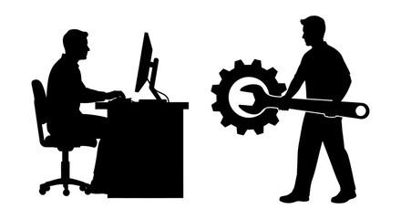Naklejka premium Technical support icon set with computer user and mechanic silhouette, white background, vector Illustration