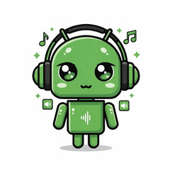 Obraz premium Cute Android Robot Character Wearing Headphones Listening to Music.