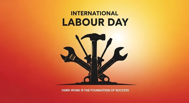 International Labour Day poster with hard work tools and motivational quote on sunset background