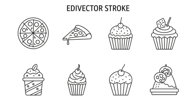 Collection of delicious food icons including pizza and cupcakes.
