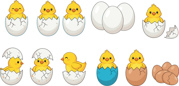 Cute chick hatching from egg vector set with broken shells stages and baby chicken cartoon illustration collection isolated design