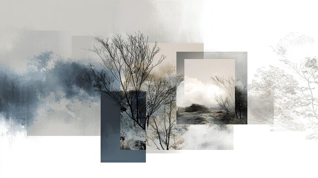 Artistic Abstract Landscape: A modern abstract composition artfully blending minimalist elements. The image features layers of geometric shapes and natural forms.