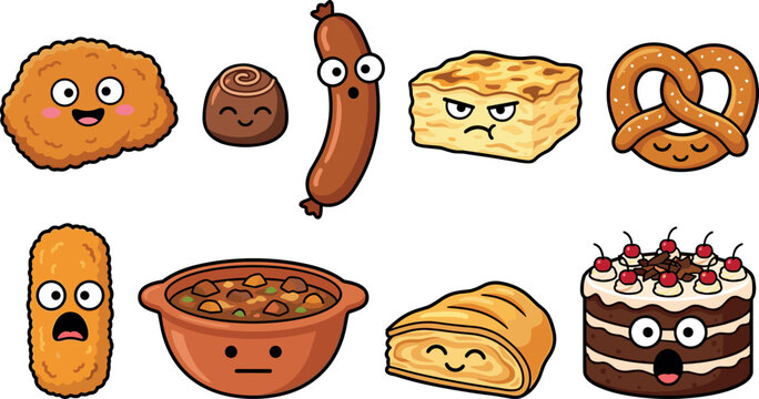 Cute Kawaii Food Characters Set Featuring Fried Chicken, Chocolate, Sausage, Lasagna, Pretzel, Croquette, Stew, Croissant and Cake Cartoon Vector Illustration Collection