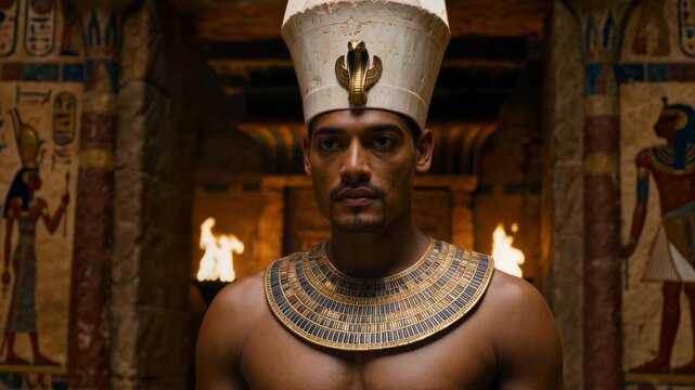Egyptian pharaoh with white crown, golden cobra and jeweled collar in torchlit painted temple. Cinematic close-up portrait for history, mythology and documentary projects.