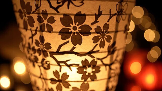 Closeup of a Japanese paper lantern with cherry blossom pattern illuminated at night.