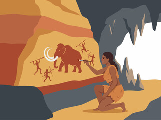 A primitive scene showcasing a caveman painting a mammoth on a cave wall, highlighting the early expressions of creativity and storytelling by our ancestors. © jianbin