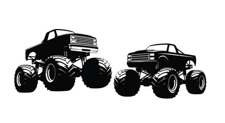 Two black monster trucks with large tires shown in a striking silhouette © Jewel