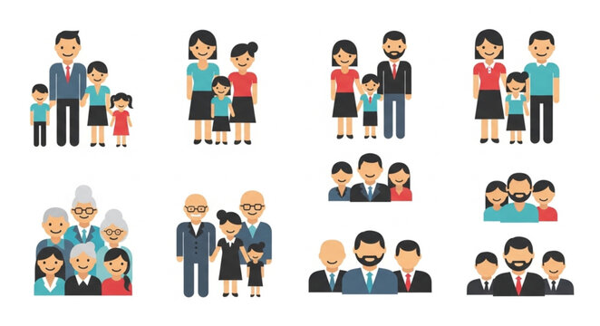 Diverse families and groups of people in flat design style.