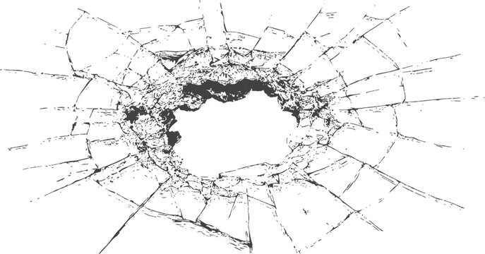 Shattered and broken glass window with sharp cracks and bullet hole impact texture graphic isolated vector illustration. 