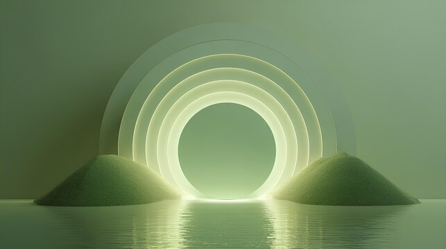 Arcing Serenity: An ethereal archway of softly glowing concentric circles opens into a tranquil pool, hinting at pathways of discovery and inner peace.
