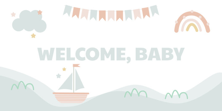 A delicate horizontal banner for a baby shower featuring clouds, a rainbow, and a little boat