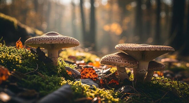 Mushrooms growing in a dense forest floor with autumn leaves