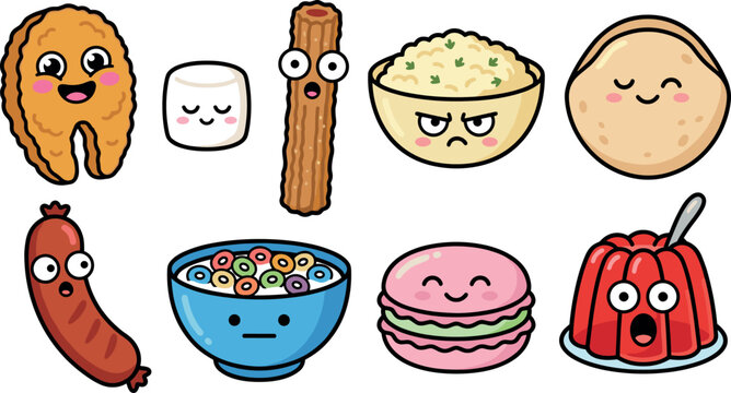 Funny food characters with expressive emotions for children&rsquo;s games, playful sticker packs, branding mascots, and creative culinary design projects