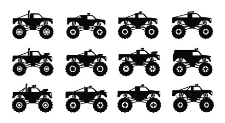 Collection of black monster truck silhouettes in various designs and perspectives © Jewel